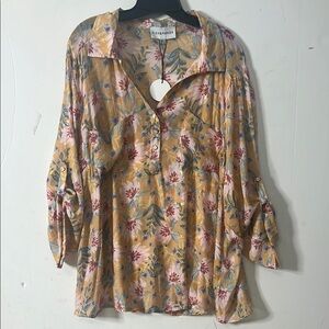 ALEX & PARKER FLORAL 3/4 BUTTON ROLL TAB SLEEVE‎ BLOUSE 1XL